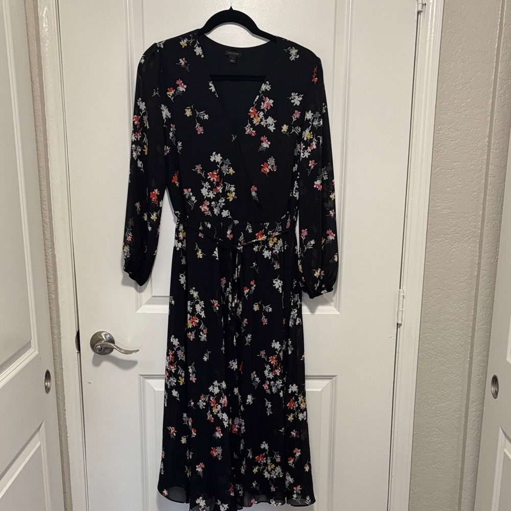 Ann Taylor Black Floral Long Sleeve Wrap Dress